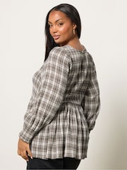 Yours Curve Grey Shirred Textured Check Top - Image 3 of 5