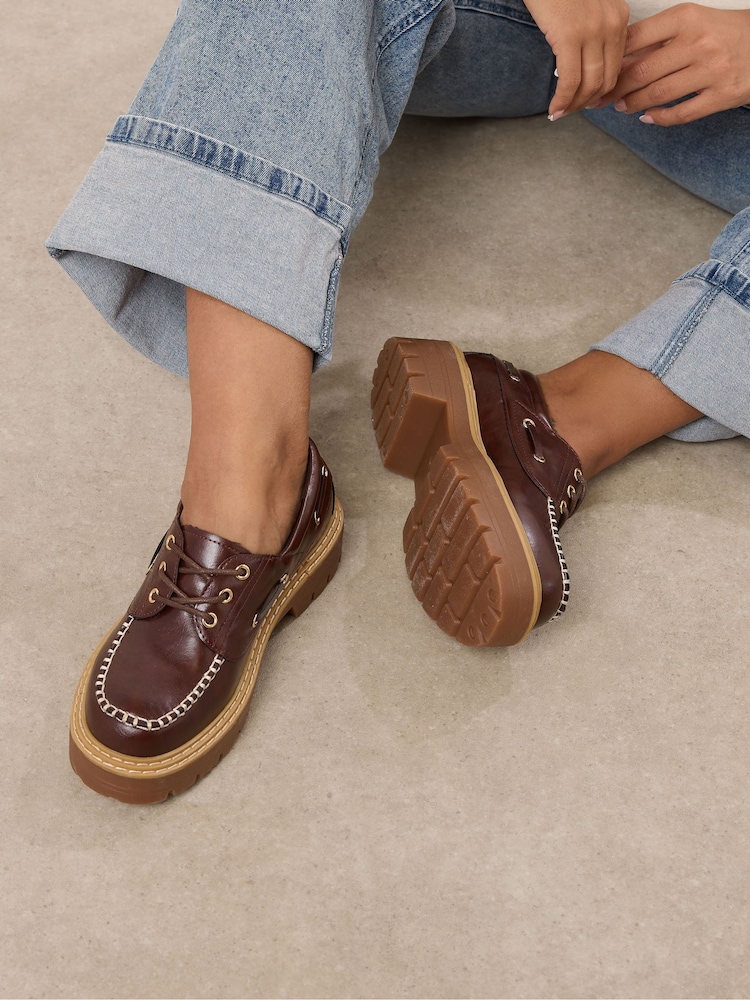 Yours Curve Brown Extra Wide Fit Chunky Lace Up Boat Shoes - Image 1 of 5