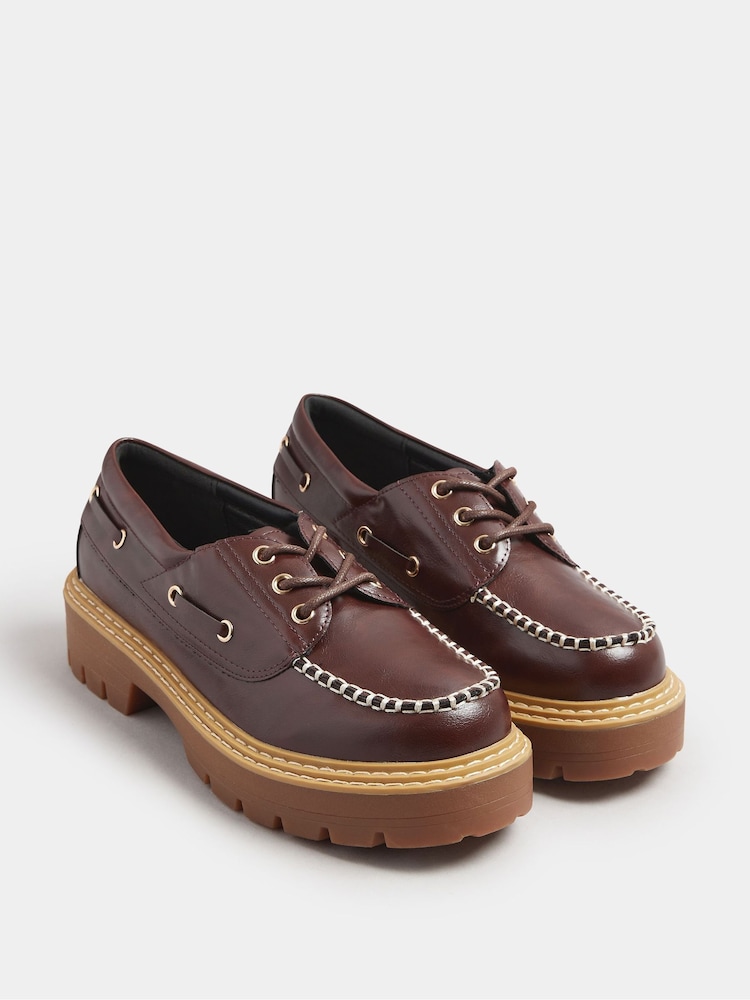 Yours Curve Brown Extra Wide Fit Chunky Lace Up Boat Shoes - Image 2 of 5
