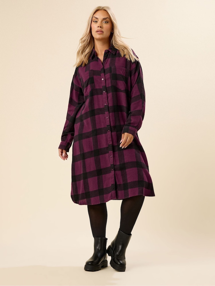 Yours Curve Purple Longline Check Shirt - Image 1 of 6 Yours Curve Purple Longline Check Shirt - Image 1 of 6