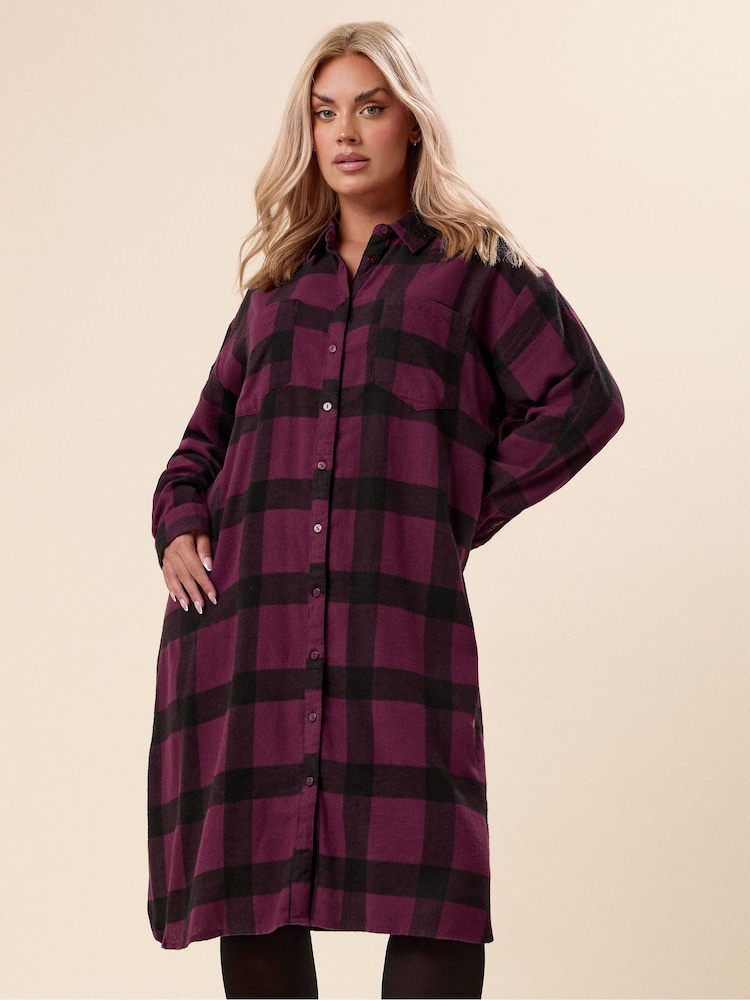 Yours Curve Purple Longline Check Shirt - Image 2 of 6 Yours Curve Purple Longline Check Shirt - Image 2 of 6