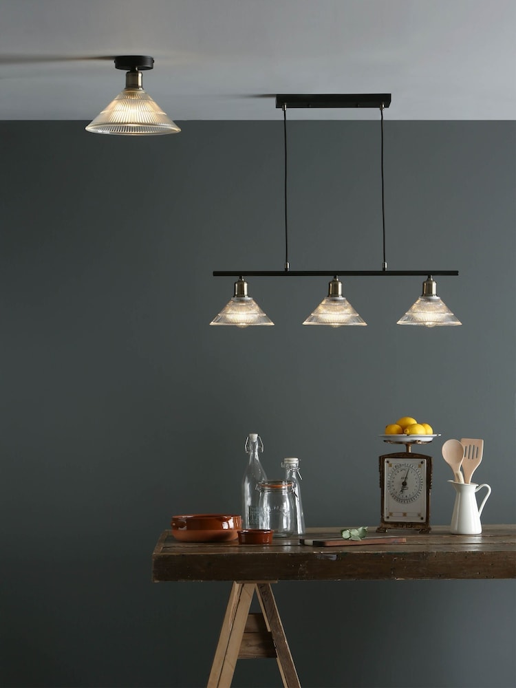 Dar Lighting Antique Brass Ribbed Glass Boyd Pendant Flush Ceiling Light - Image 1 of 8