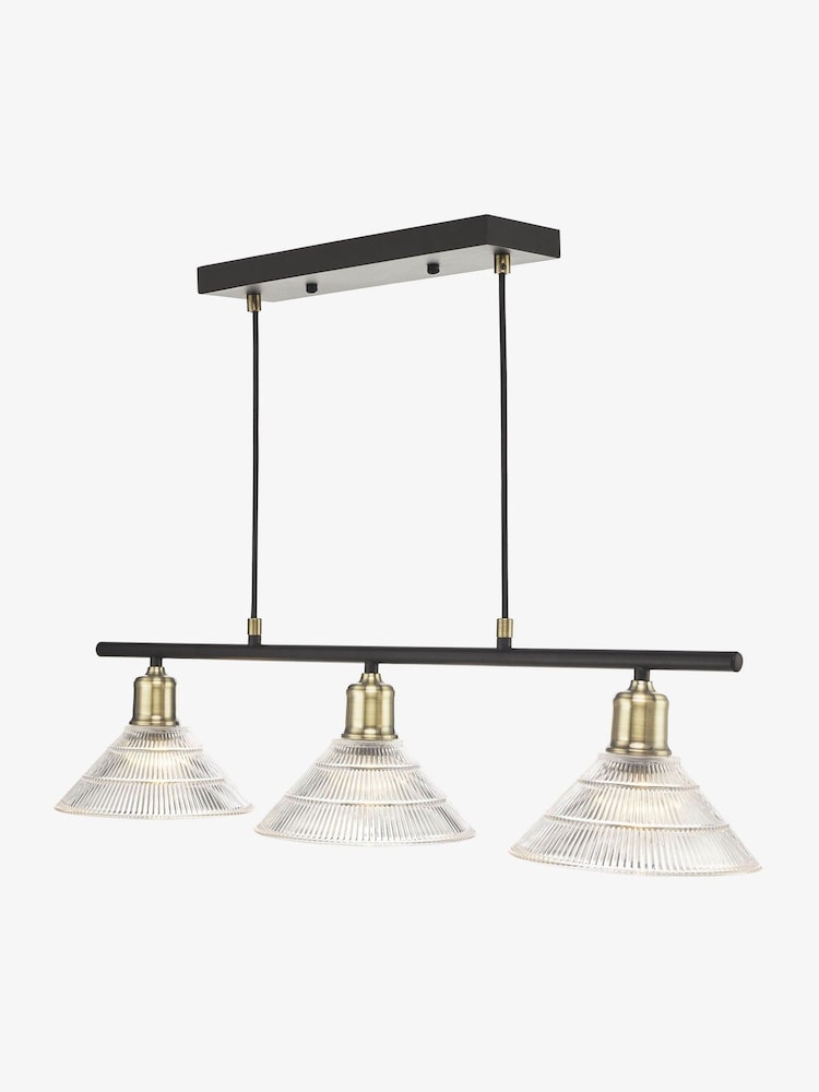 Dar Lighting Antique Brass Ribbed Glass Boyd Pendant Flush Ceiling Light - Image 2 of 8