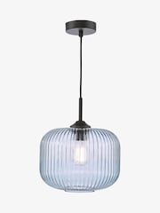 Dar Lighting Matt Black Blue Ribbed Glass Demarius Pendant Light - Image 3 of 8