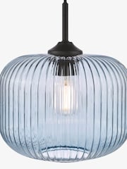 Dar Lighting Matt Black Blue Ribbed Glass Demarius Pendant Light - Image 6 of 8
