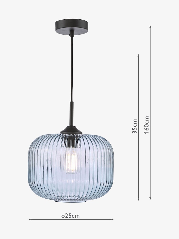 Dar Lighting Matt Black Blue Ribbed Glass Demarius Pendant Light - Image 8 of 8