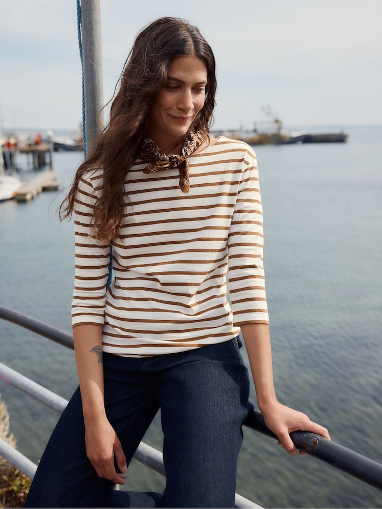 Seasalt Cornwall Brown Sailor 3/4 Sleeve Top in Cotton Jersey - Image 2 of 9