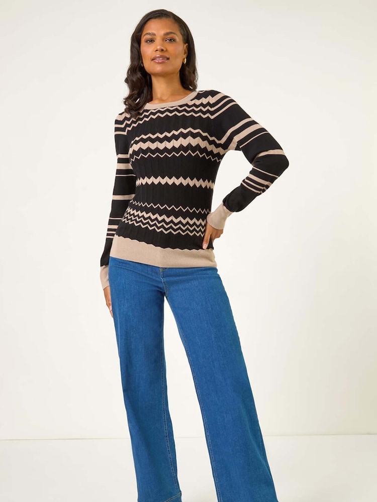 Roman Black Contrast Zig Zag Knitted Jumper - Image 2 of 5