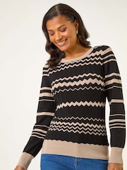 Roman Black Contrast Zig Zag Knitted Jumper - Image 4 of 5