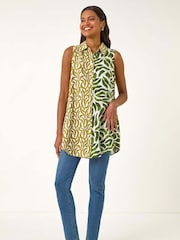 Roman Green Leaf Print Button Longline Blouse - Image 2 of 5