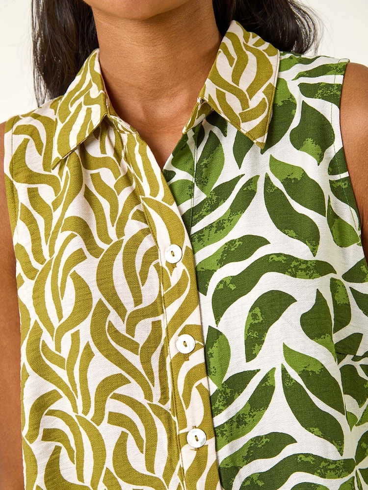 Roman Green Leaf Print Button Longline Blouse - Image 5 of 5