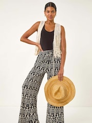 Roman Black Crinkle Print Tie Detail Trousers - Image 1 of 5