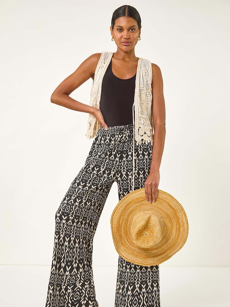 Roman Black Crinkle Print Tie Detail Trousers - Image 1 of 5