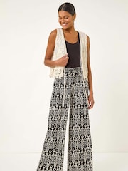 Roman Black Crinkle Print Tie Detail Trousers - Image 2 of 5