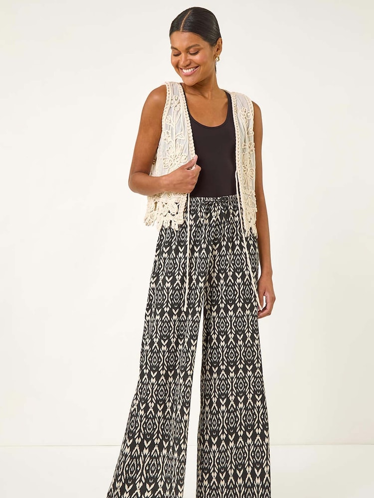 Roman Black Crinkle Print Tie Detail Trousers - Image 2 of 5