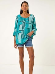 Azul - Roman Blusa abstrata Print Tunic - Imagem 2 de 5