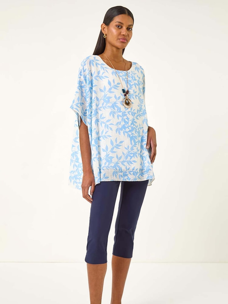 Azul - Roman Leaf Print Necklace Detail Tunic Top - Imagem 2 de 5