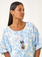Azul - Roman Leaf Print Necklace Detail Tunic Top - Imagem 4 de 5