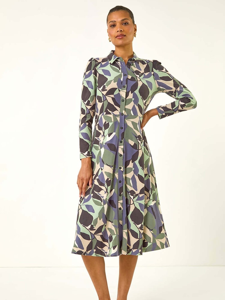 Roman Purple Abstract Leaf Print Shirt Dress - Image 2 of 5