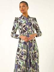 Roman Purple Abstract Leaf Print Shirt Dress - Image 4 of 5