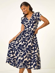 Roman Blue Leaf Print V-Neck Midi Dress - Image 1 of 5