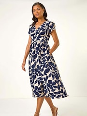 Roman Blue Leaf Print V-Neck Midi Dress - Image 2 of 5