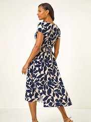 Roman Blue Leaf Print V-Neck Midi Dress - Image 3 of 5