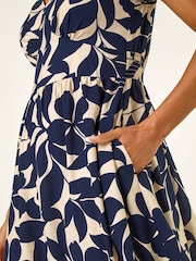 Roman Blue Leaf Print V-Neck Midi Dress - Image 5 of 5