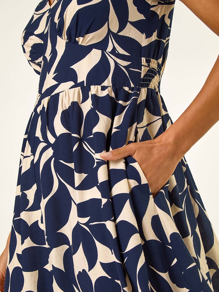 Roman Blue Leaf Print V-Neck Midi Dress - Image 5 of 5