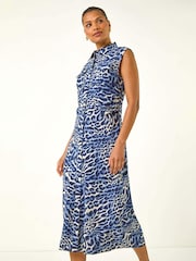 Roman Blue Animal Print Gathered Shirt Dress - Image 1 of 5
