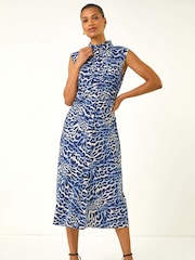 Roman Blue Animal Print Gathered Shirt Dress - Image 2 of 5
