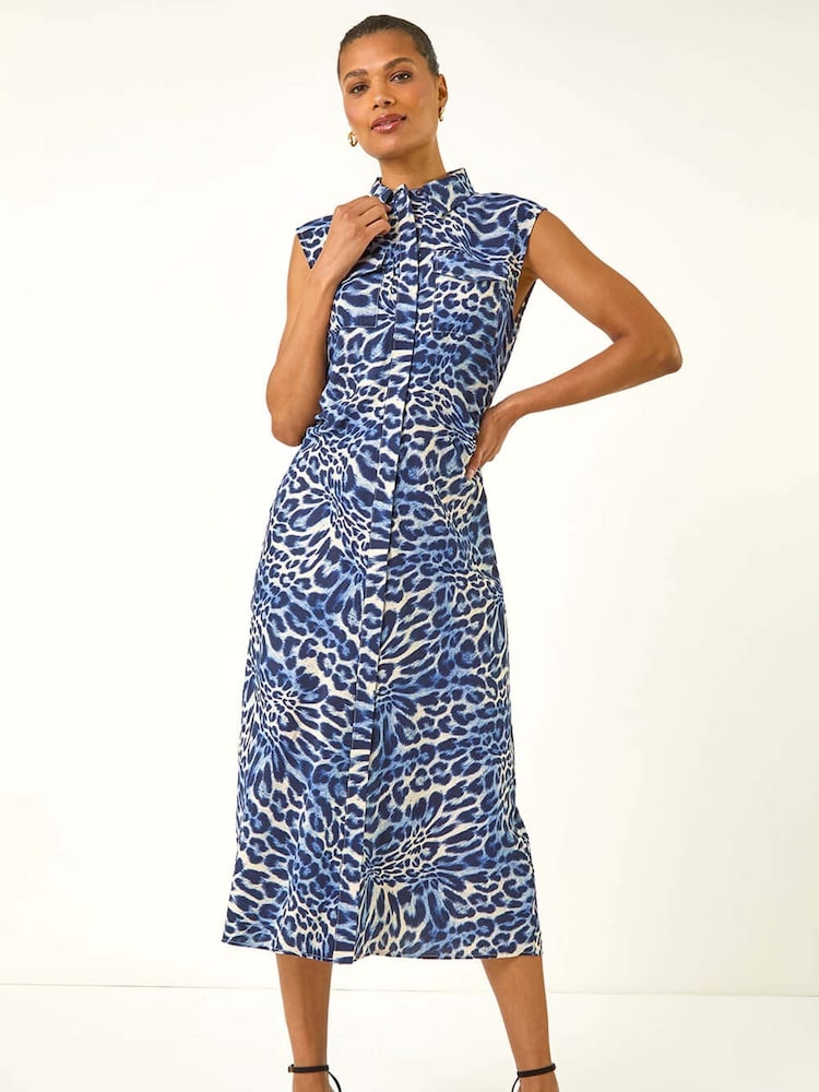 Roman Blue Animal Print Gathered Shirt Dress - Image 2 of 5