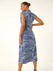 Roman Blue Animal Print Gathered Shirt Dress - Image 3 of 5