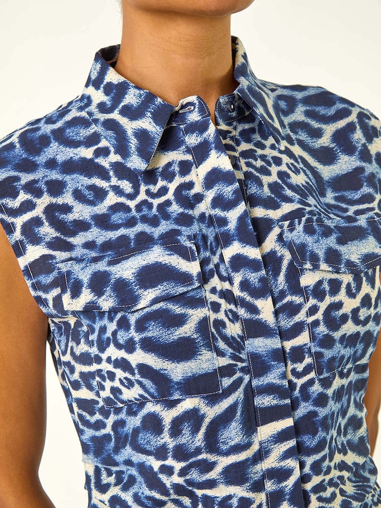 Roman Blue Animal Print Gathered Shirt Dress - Image 5 of 5