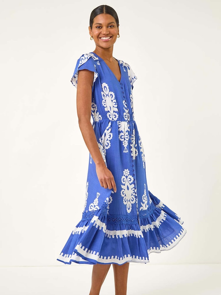 Roman Blue Paisley Print Buttoned Midi Dress - Image 1 of 5