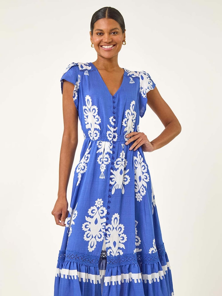Roman Blue Paisley Print Buttoned Midi Dress - Image 2 of 5