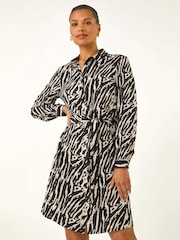 Roman Black Animal Print Tie Waist Dress - Image 1 of 5