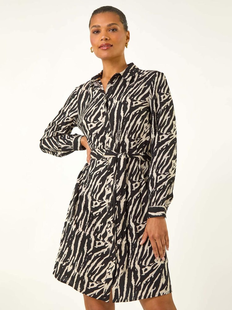 Roman Black Animal Print Tie Waist Dress - Image 1 of 5