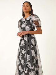 Roman Black Floral Print Organza Belted Dress - Image 1 of 4