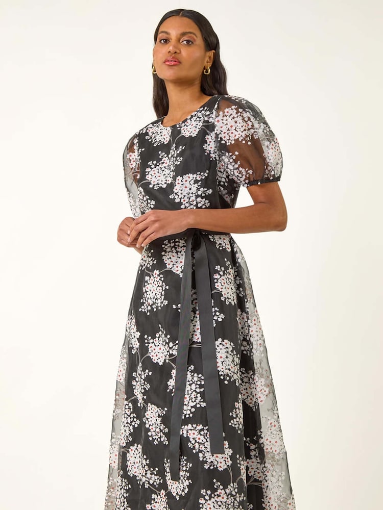 Roman Black Floral Print Organza Belted Dress - Image 1 of 4