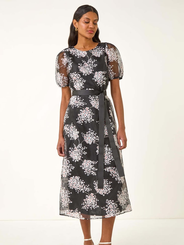 Roman Black Floral Print Organza Belted Dress - Image 2 of 4
