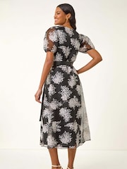 Roman Black Floral Print Organza Belted Dress - Image 3 of 4
