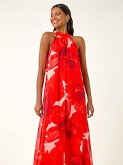Roman Red Floral Print Halterneck Midi Dress - Image 2 of 5