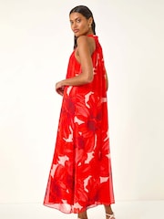 Roman Red Floral Print Halterneck Midi Dress - Image 3 of 5