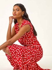 Roman Red Floral Print Frill Buttoned Dress - Image 1 of 5