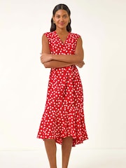 Roman Red Floral Print Frill Buttoned Dress - Image 2 of 5