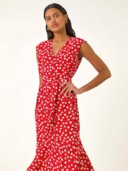 Roman Red Floral Print Frill Buttoned Dress - Image 4 of 5