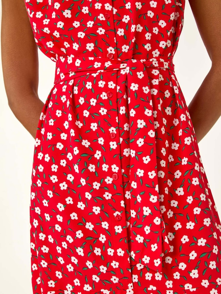Roman Red Floral Print Frill Buttoned Dress - Image 5 of 5