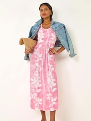 Roman Pink Leaf Print Shirred Bodice Midi Dress - Image 1 of 5