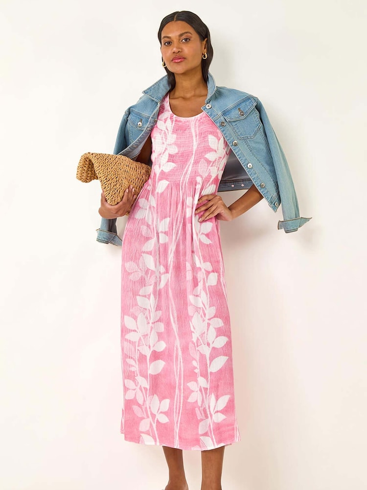 Roman Pink Leaf Print Shirred Bodice Midi Dress - Image 1 of 5